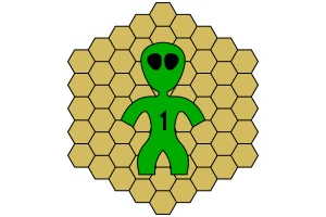 Illustration of board game, a green alien standing in a plowed field