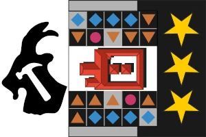 Logo of a goat head with a hammer inset, next to a game board.