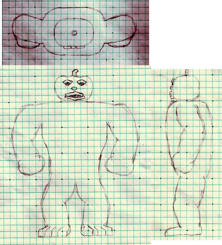 Very rough sketch of a muscular person with a pumpkin head. Front, top, and side view.