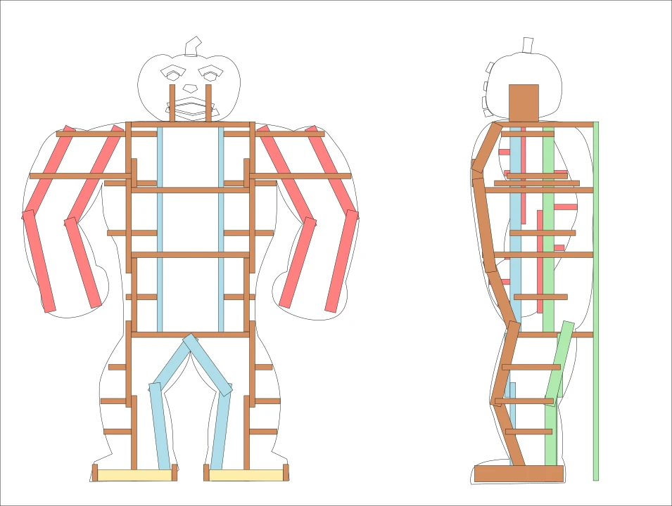 The sketch now with a sort of skeleton drawn inside.