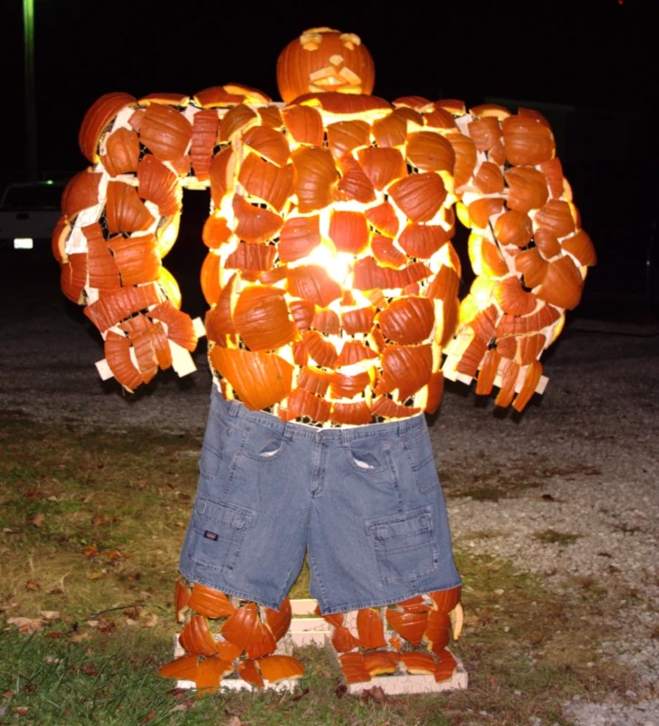 The Thing made out of pumpkins, wearing cut-off jeans.