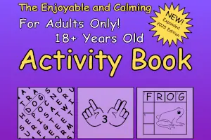 Purple activity book showing examples of puzzles