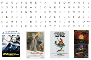 Word search featuring '2001: A Space Odyssey', 'Lord of the Rings', 'Wizards', and King Gizzard